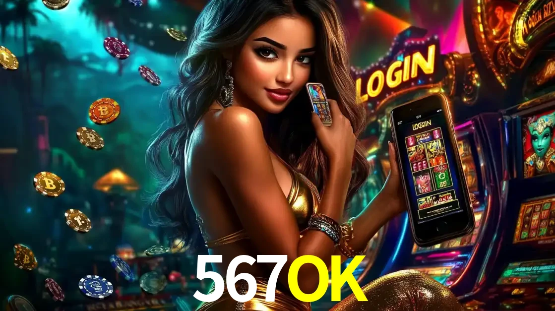 Mulher em um cenário de cassino temático de aventura, mostrando o app de caça-níqueis da 567OK no celular. Fichas de apostas flutuam ao redor.